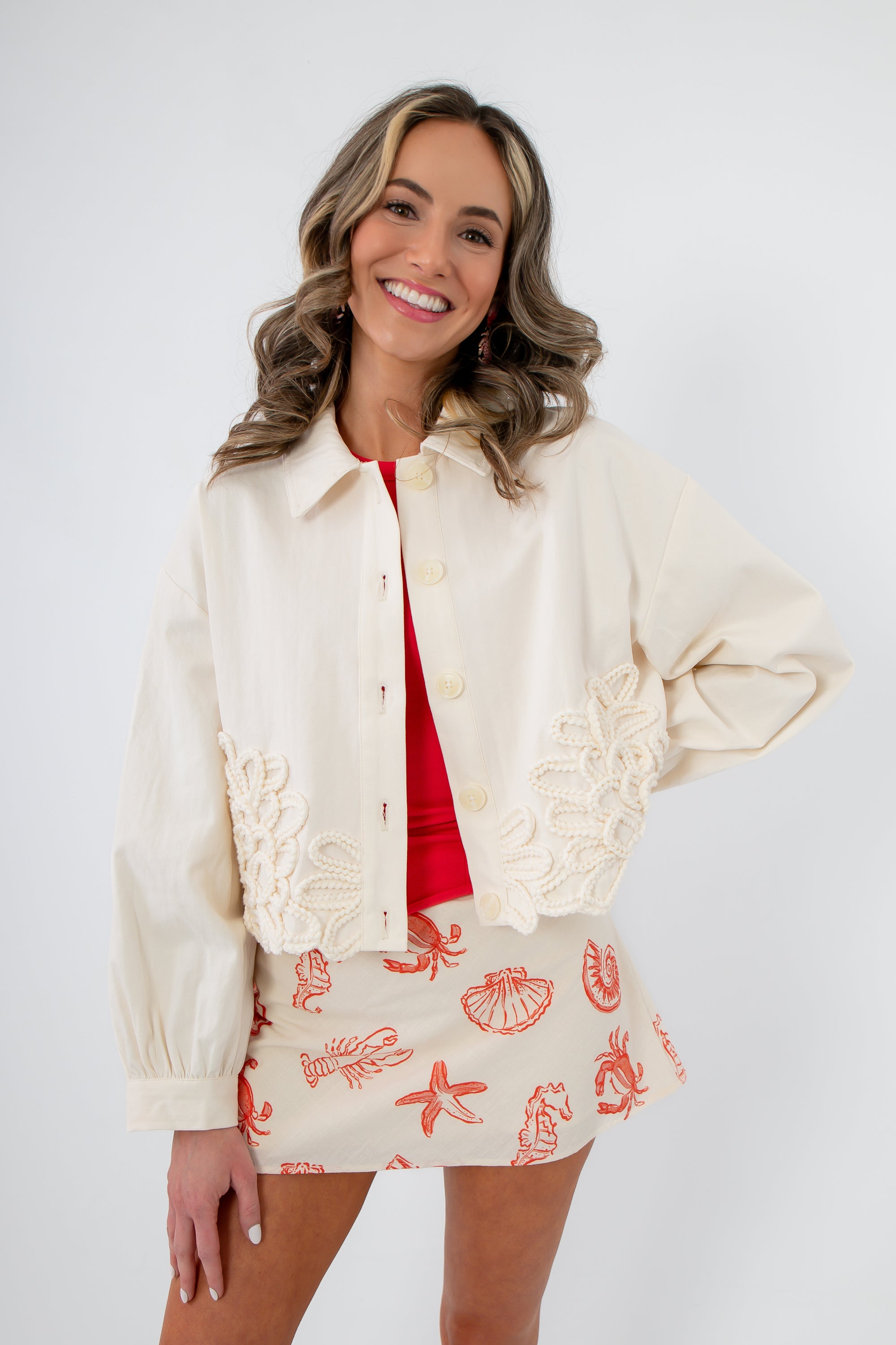 Ecru Seagarden Appliqué Floral Detail Jacket featuring intricate floral appliqué, ideal lightweight outerwear for spring outfits and layering.