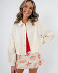 Ecru Seagarden Appliqué Floral Detail Jacket featuring intricate floral appliqué, ideal lightweight outerwear for spring outfits and layering.
