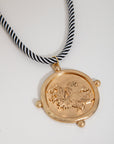 Go Team Gold USC Gamecock Corded Rope Necklace with bold gold Gamecock pendant on black and white twisted cord, perfect for gameday jewelry.