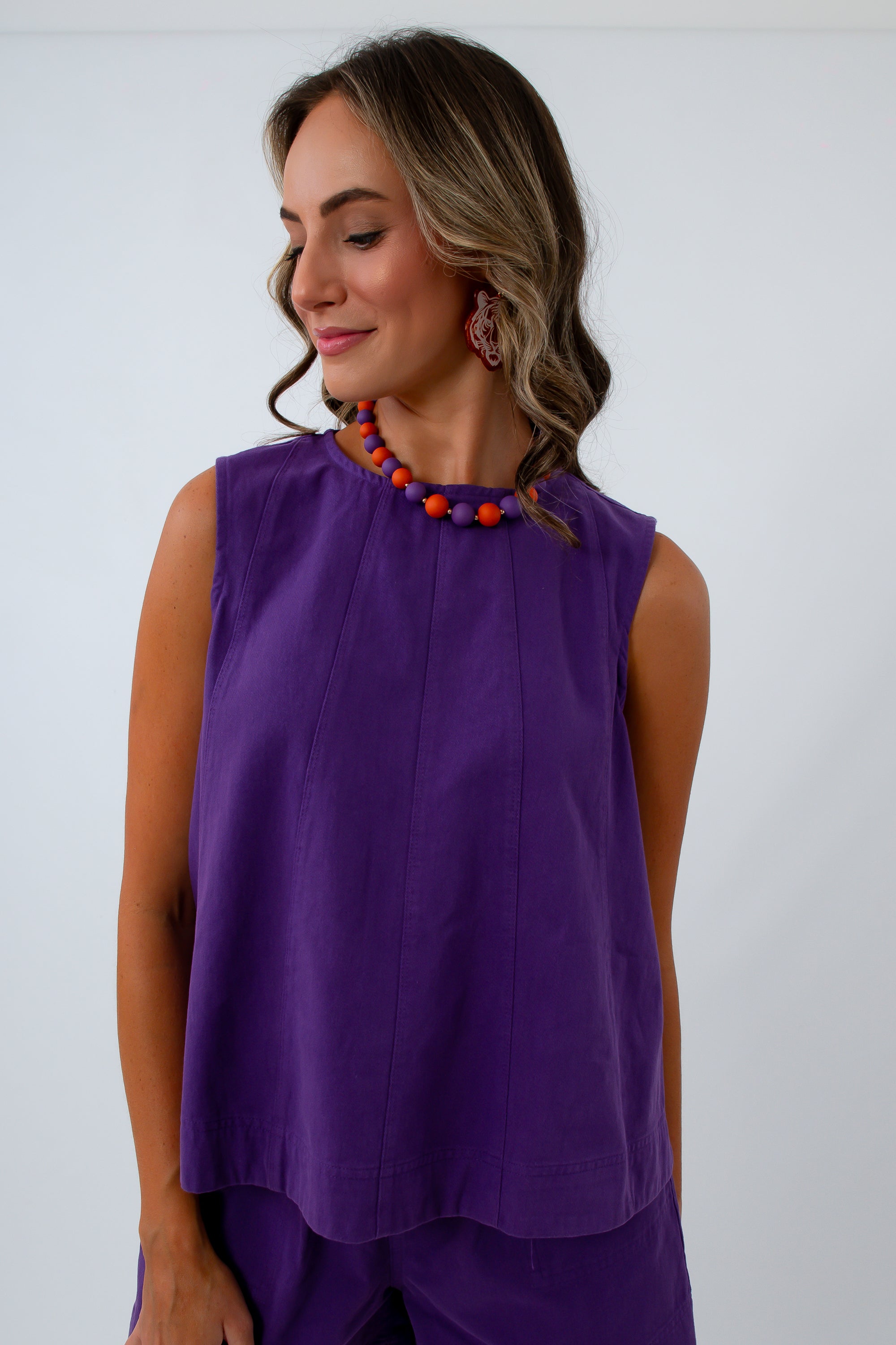 Purple denim top for Clemson game day outfit, LSU game day top, TCU game day top