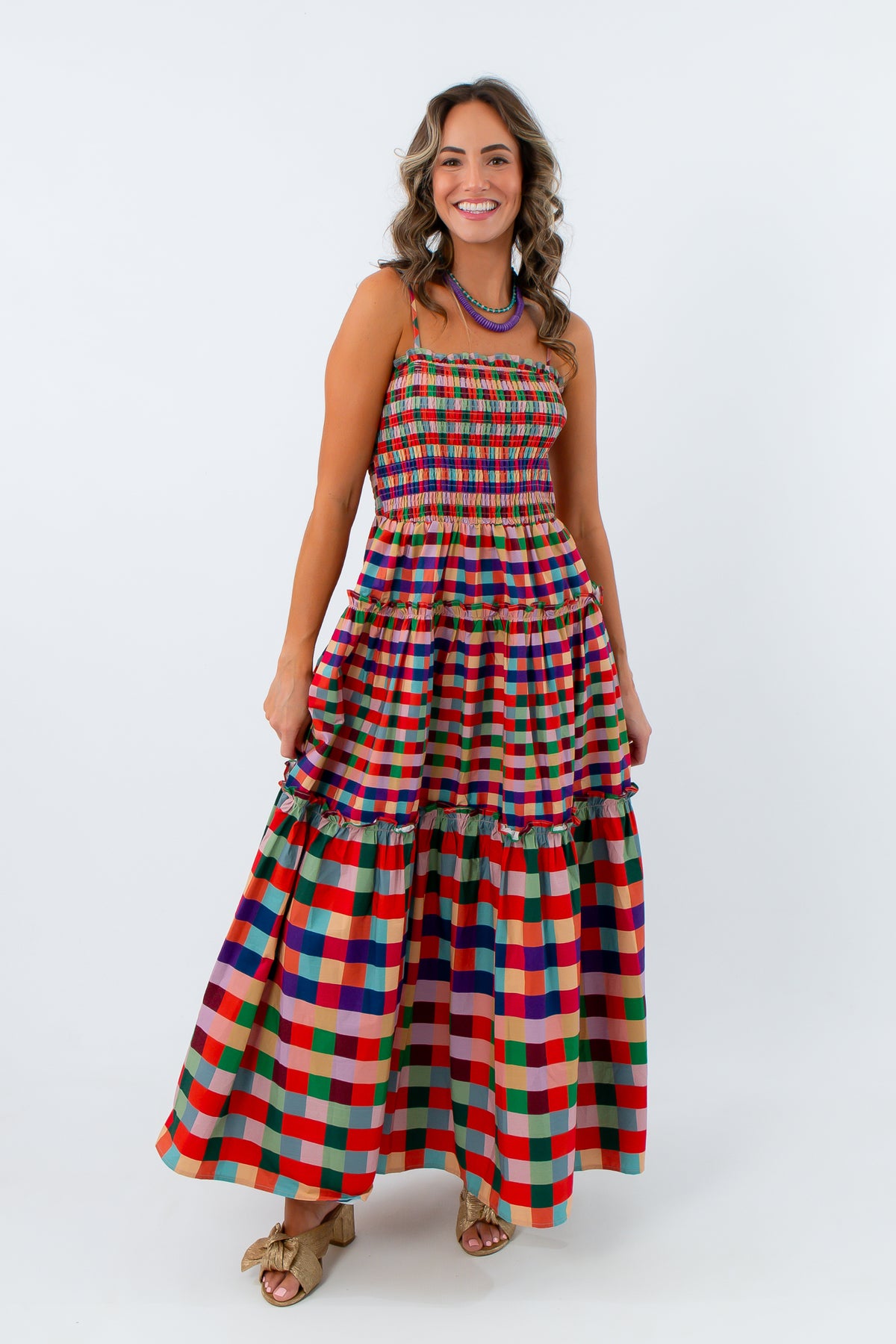 Sanderson colorful gingham dress with smocked bodice, multicolored gingham maxi dress