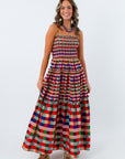 Sanderson colorful gingham dress with smocked bodice, multicolored gingham maxi dress