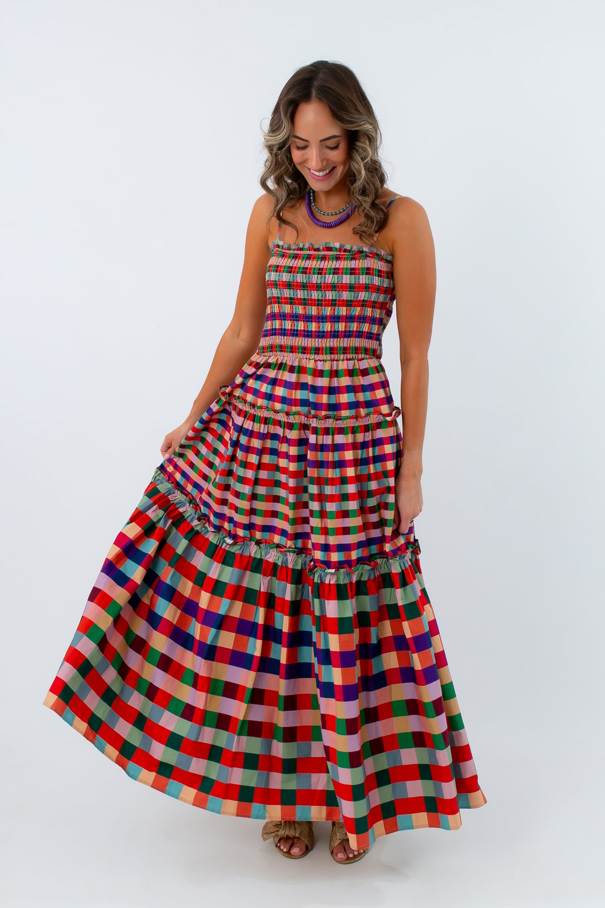 100% cotton gingham maxi dress for fall, fall maxi dress, colorful gingham maxi dress, gingham maxi dress for fall