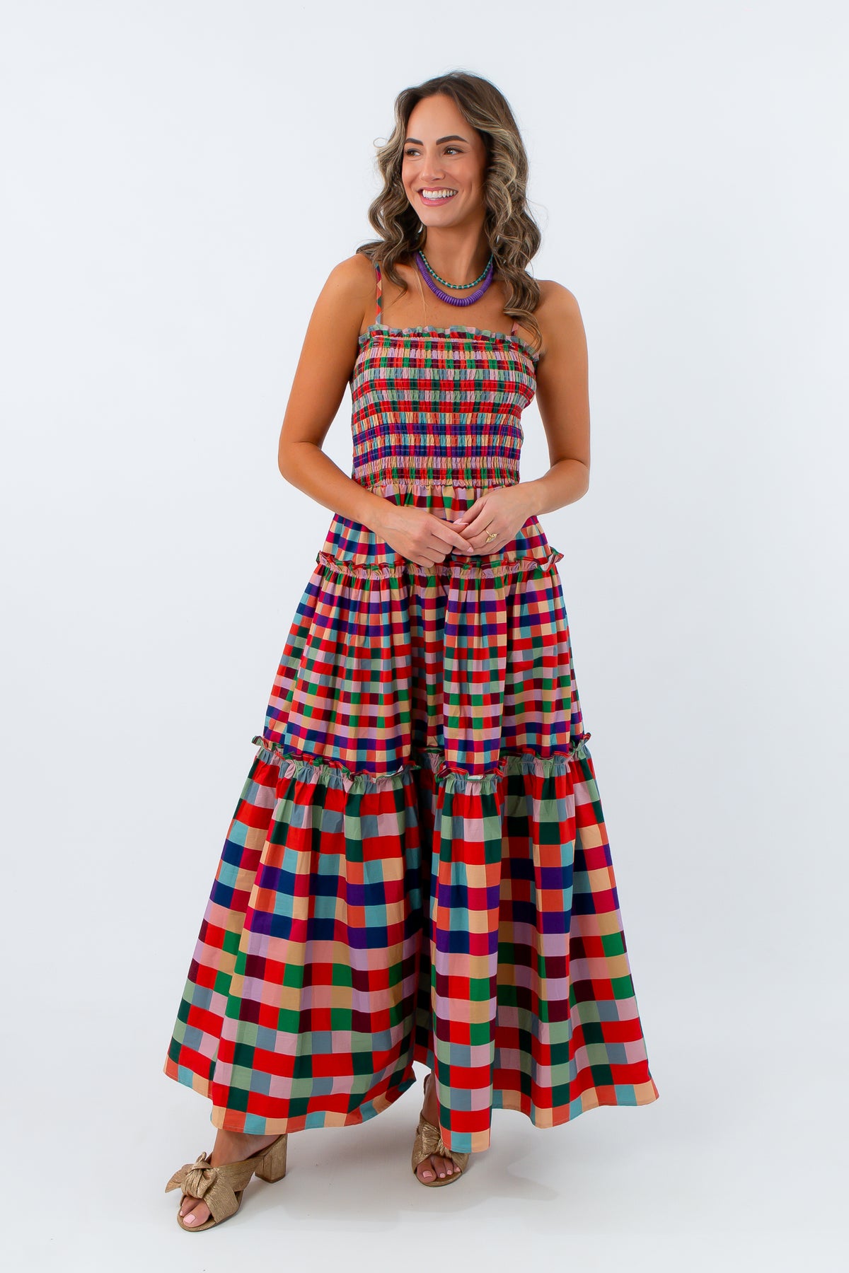 Pull on fit gingham maxi dress with adjustable straps, long gingham dress, colorful long dress for fall