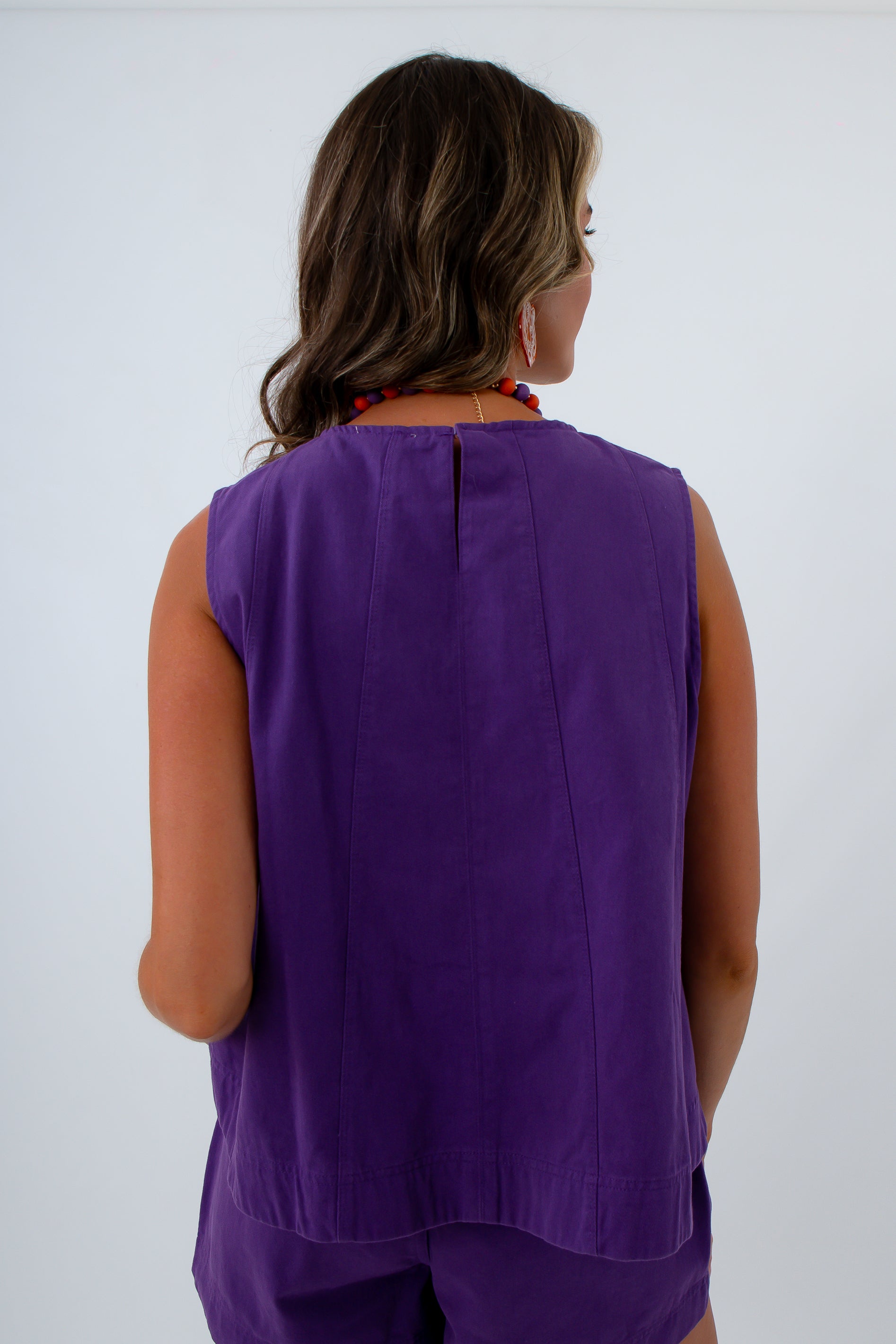 100% cotton purple sleeveless denim shirt, fall tops, fall workwear, teacher tops