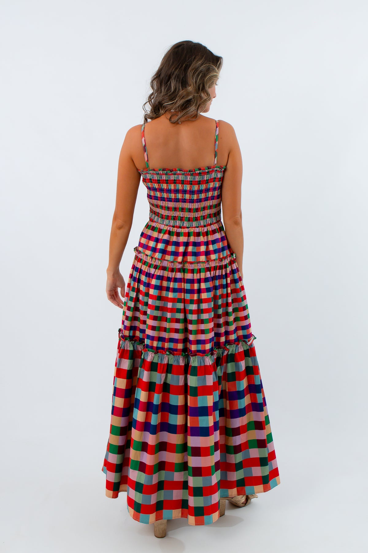 Fall maxi dress with colorful gingham pattern, colorful fall maxi dresses, long gingham dress with adjustable straps
