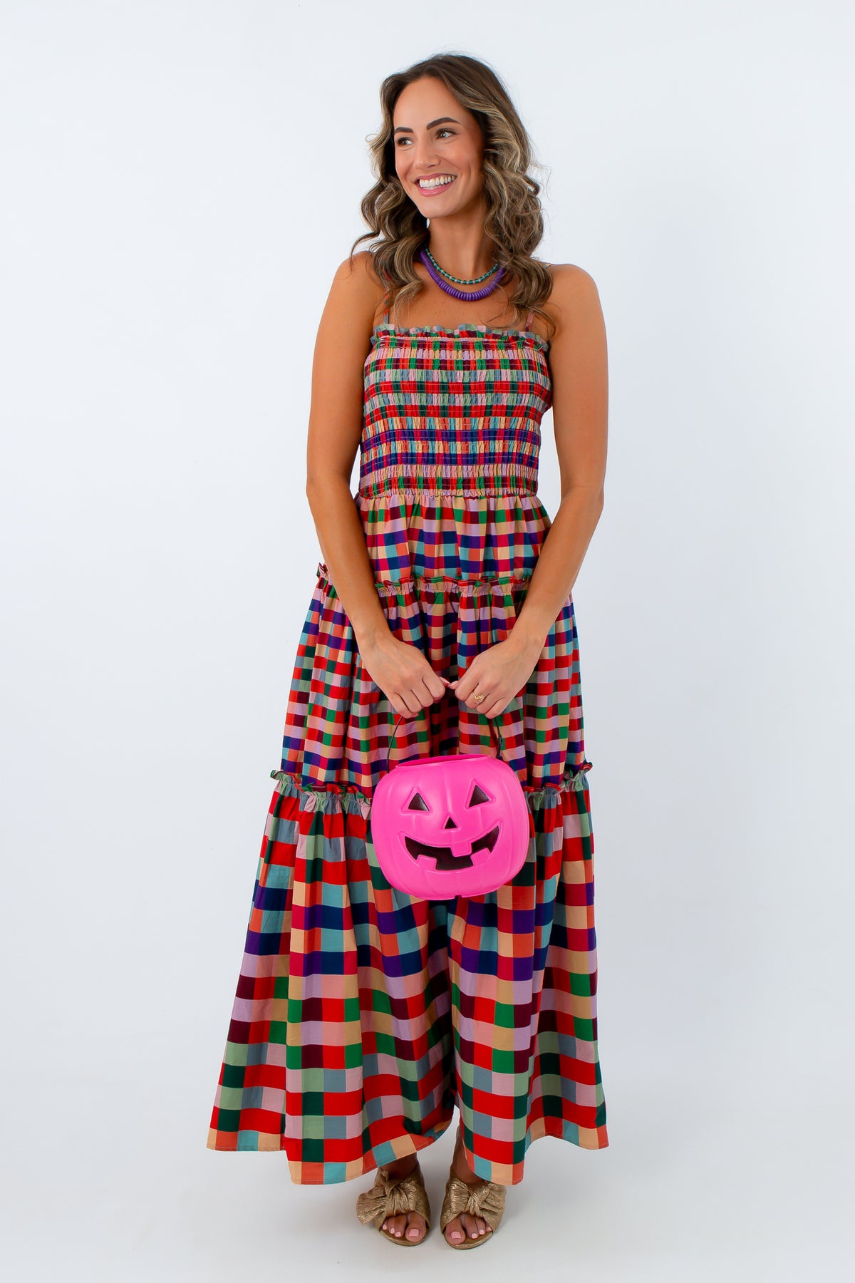 Sanderson Colorful Gingham Smocked Maxi Dress