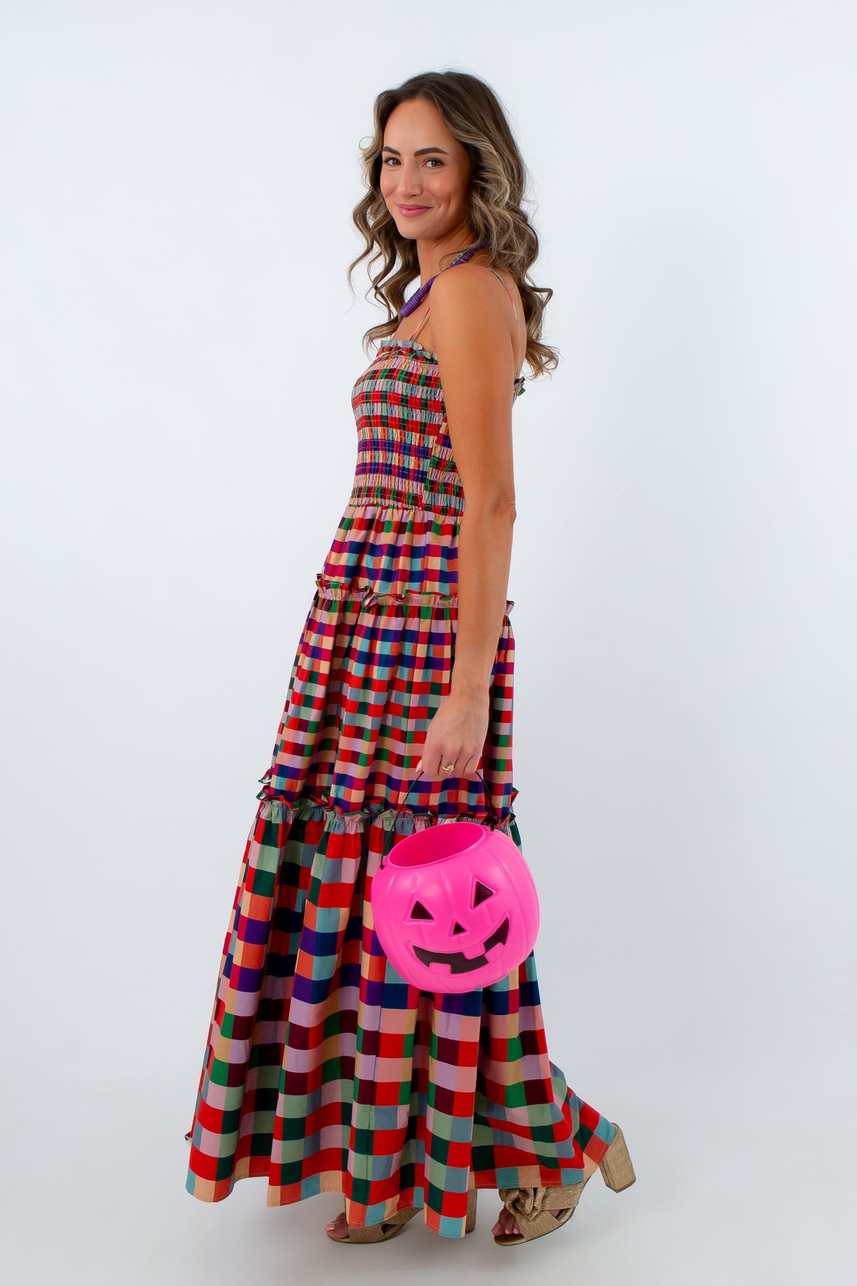 Comfortable colorful maxi dress with smocked top, smocked maxi dress, smocked gingham maxi dress