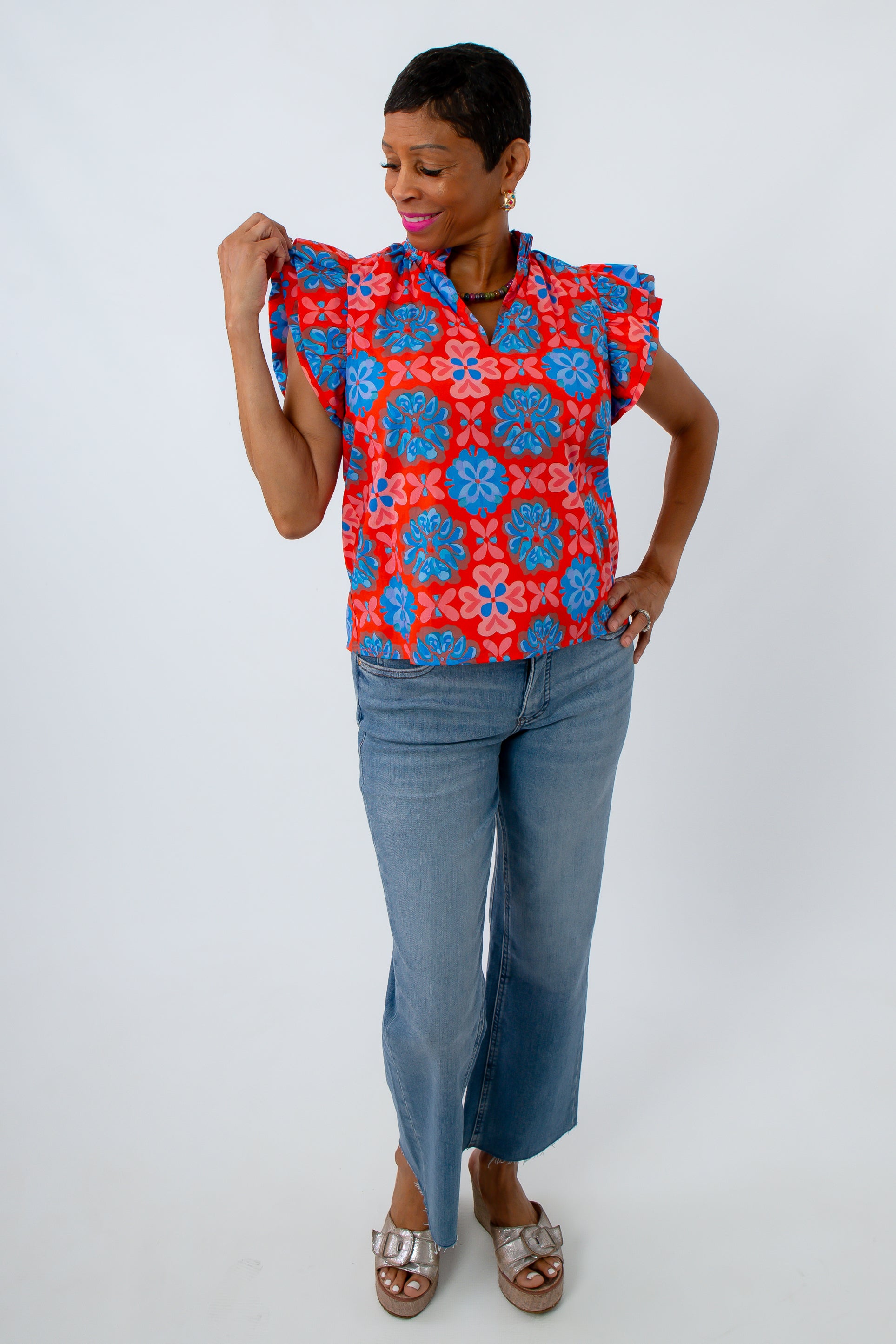 THML red and blue Floral Mosaic Ruffle Sleeve Top
