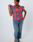 THML red and blue Floral Mosaic Ruffle Sleeve Top