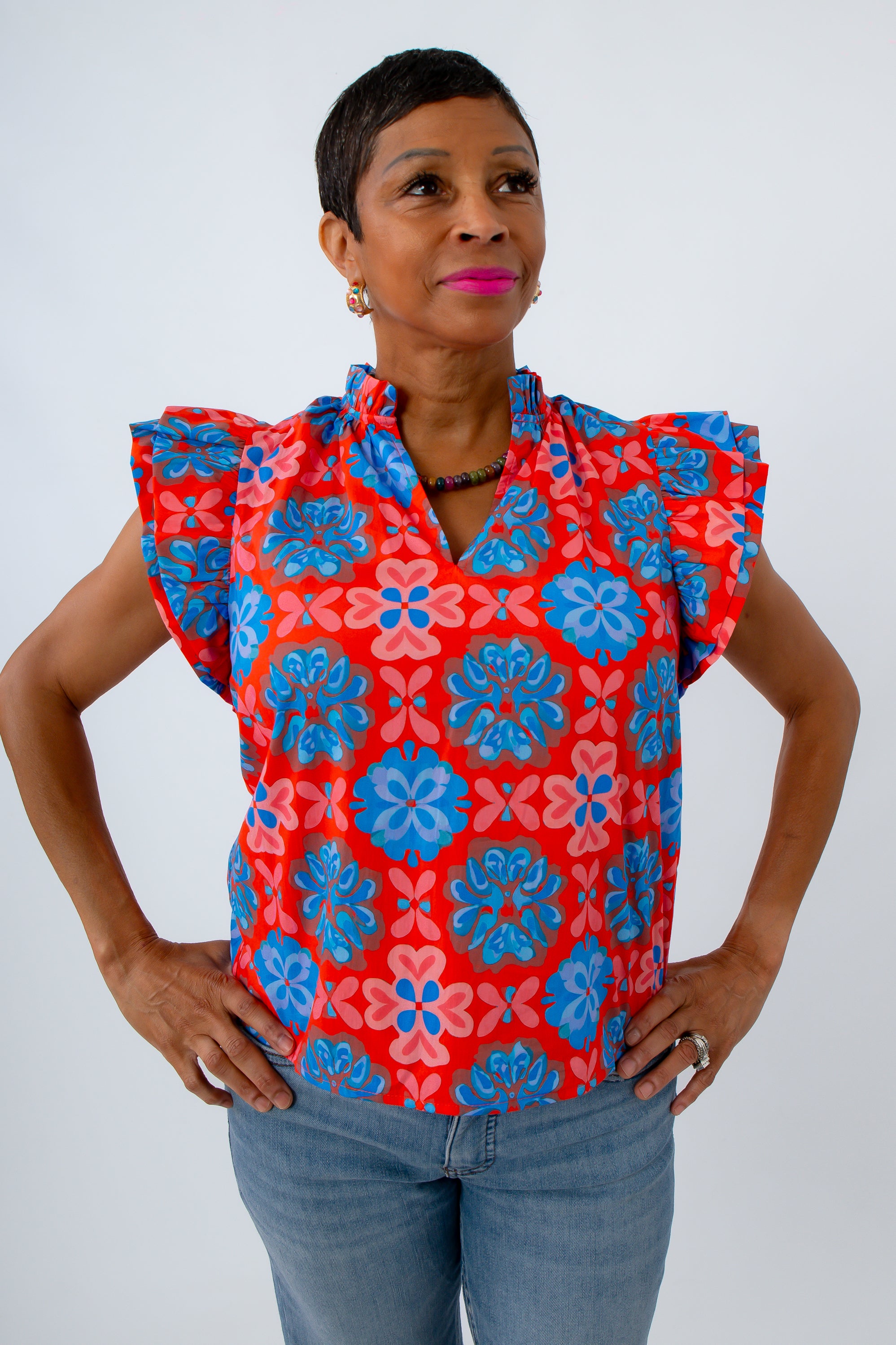 colorful thml top with ruffle sleeves 100% cotton summer top