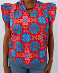 THML summer blouse in blue red pink pattern for summer workwear at L. Mae Boutique