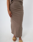Taupe midi skirt with side slit and elastic waist