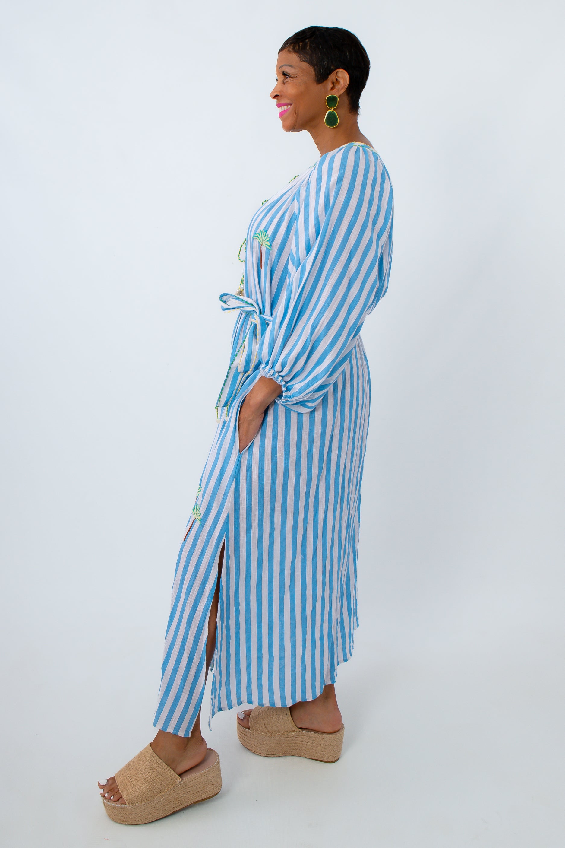 embroidered palm tree blue stripe beach coverup vacation outfit