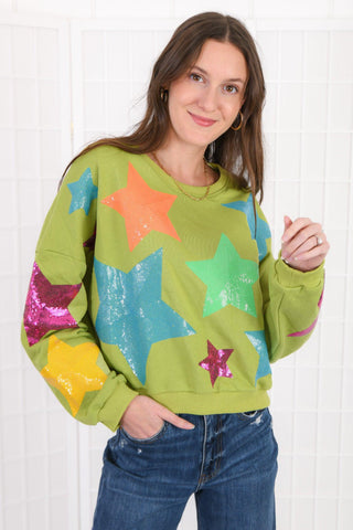 Shooting Stars Green Sequin Star Patch Sweatshirt-RoseVelvet-L. Mae Boutique