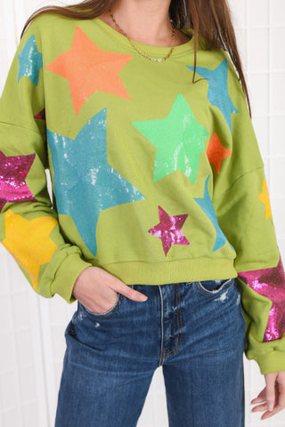 Shooting Stars Green Sequin Star Patch Sweatshirt-RoseVelvet-L. Mae Boutique