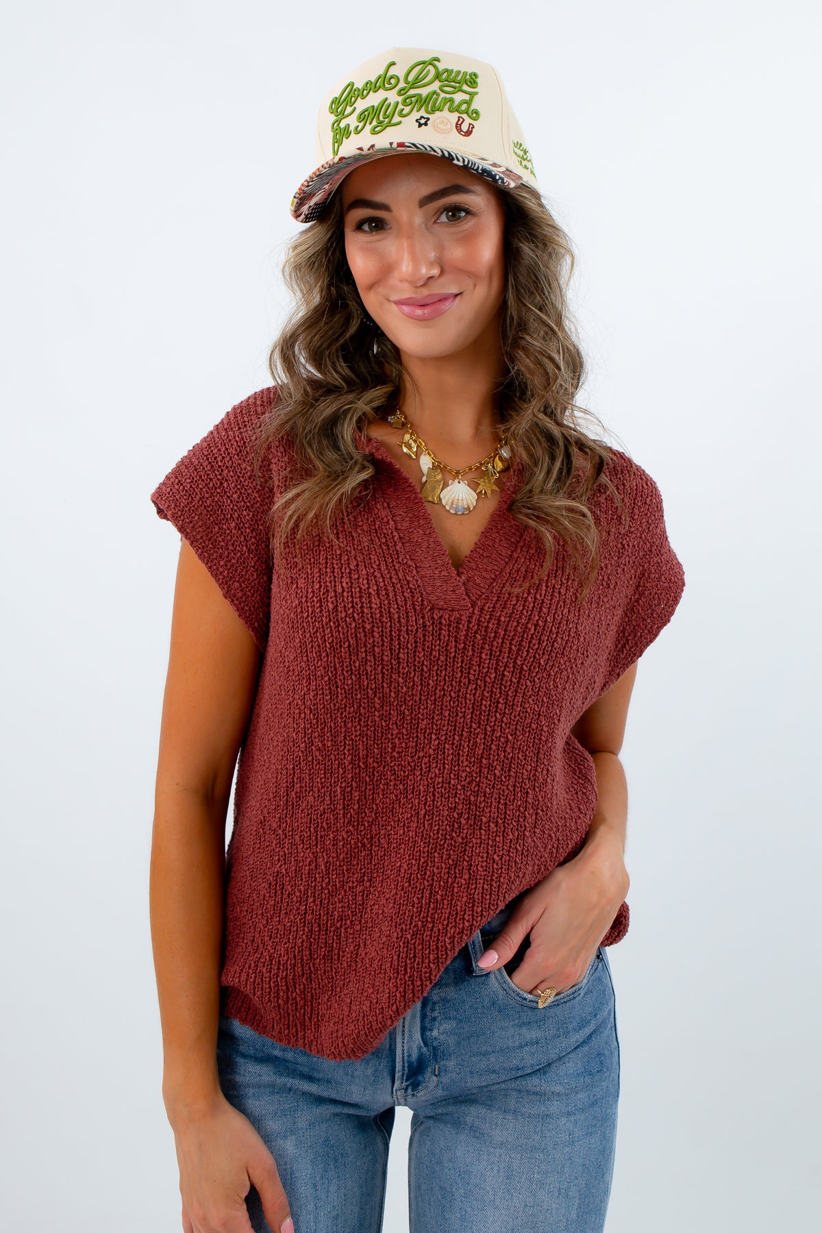 Salem Brown Slub Knit Sleeveless Sweater