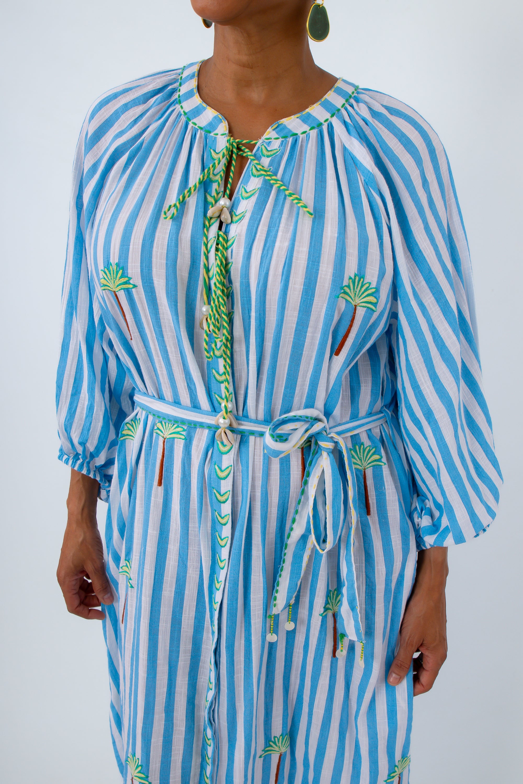 100% cotton embroidered palm tree maxi dress