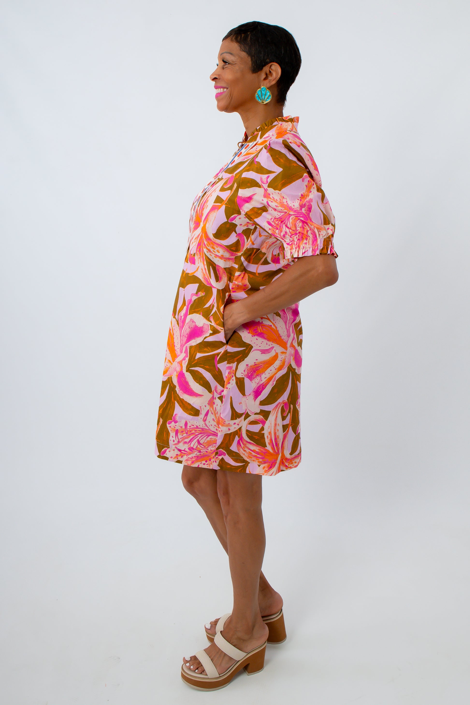 THML pink floral embroidered short dress