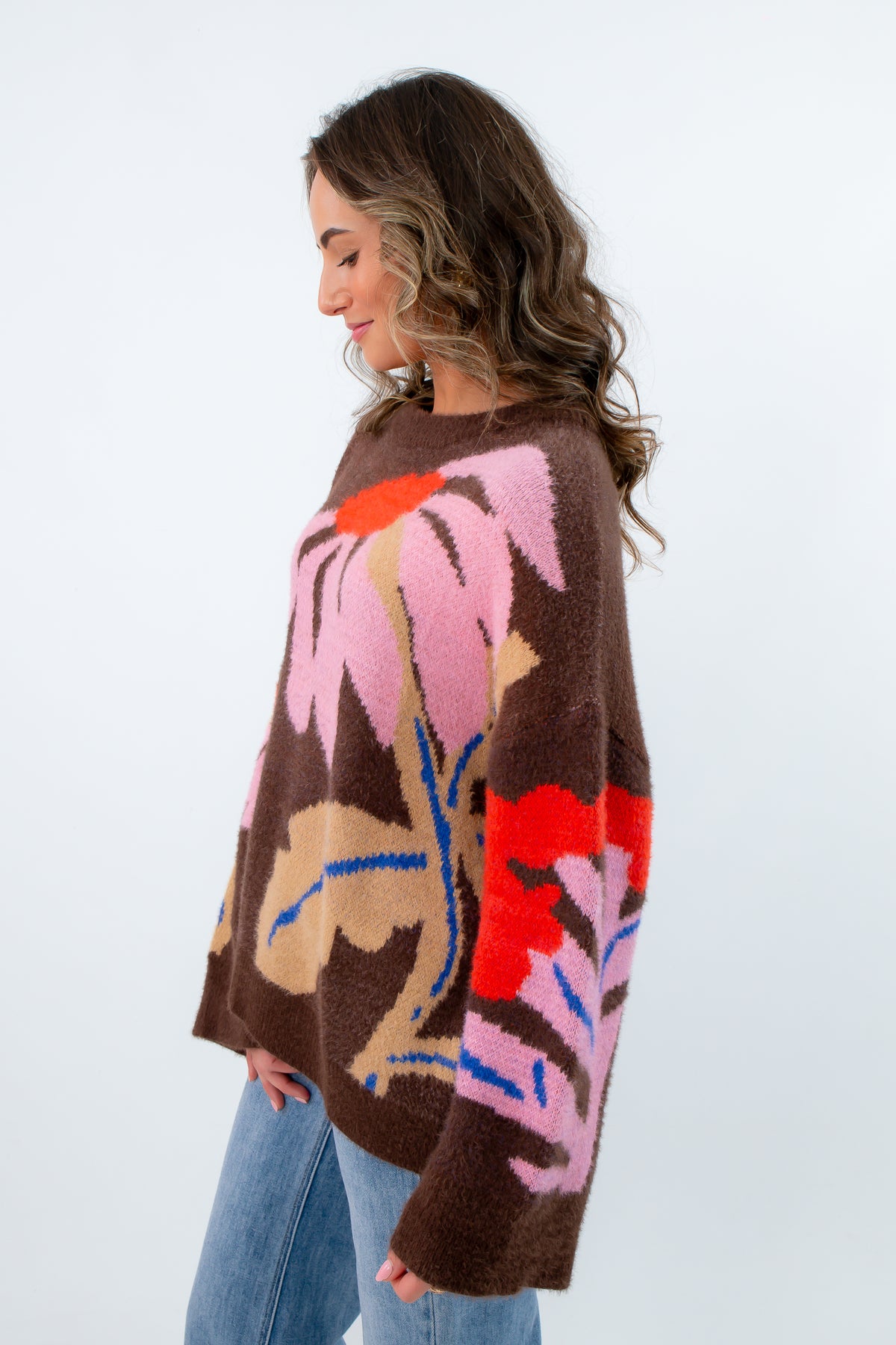 Soft knit sweater with FRNCH button detail back neckline, brown oversized sweater, brown floral sweater for fall