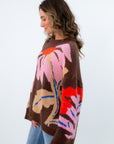 Soft knit sweater with FRNCH button detail back neckline, brown oversized sweater, brown floral sweater for fall