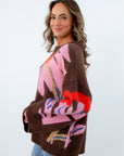 Oversized fall sweaters, brown oversized sweater, brown boxy sweater, brown boxy sweater with floral pattern 