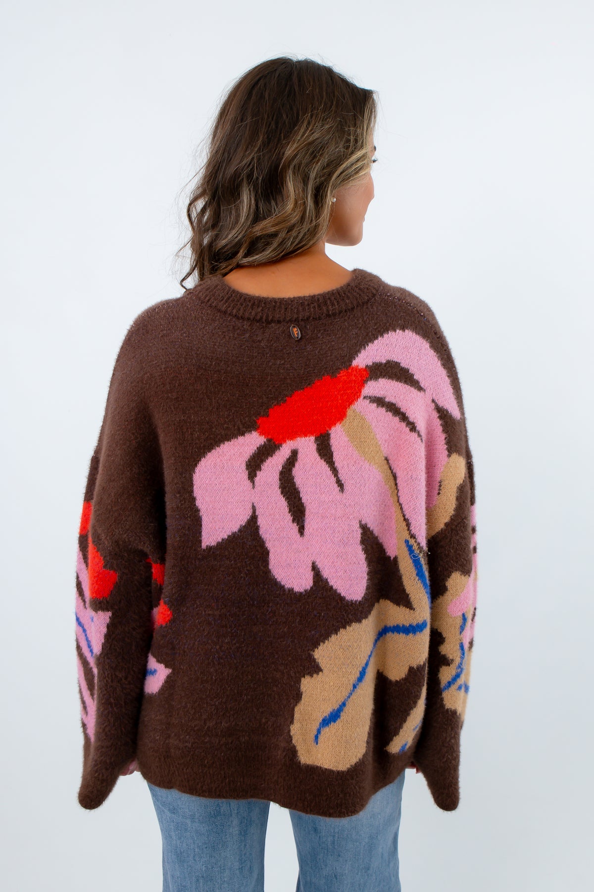 Patterned sweater, boxy sweater, chocolate brown sweater, floral sweataer