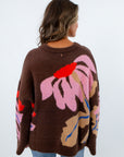 Patterned sweater, boxy sweater, chocolate brown sweater, floral sweataer