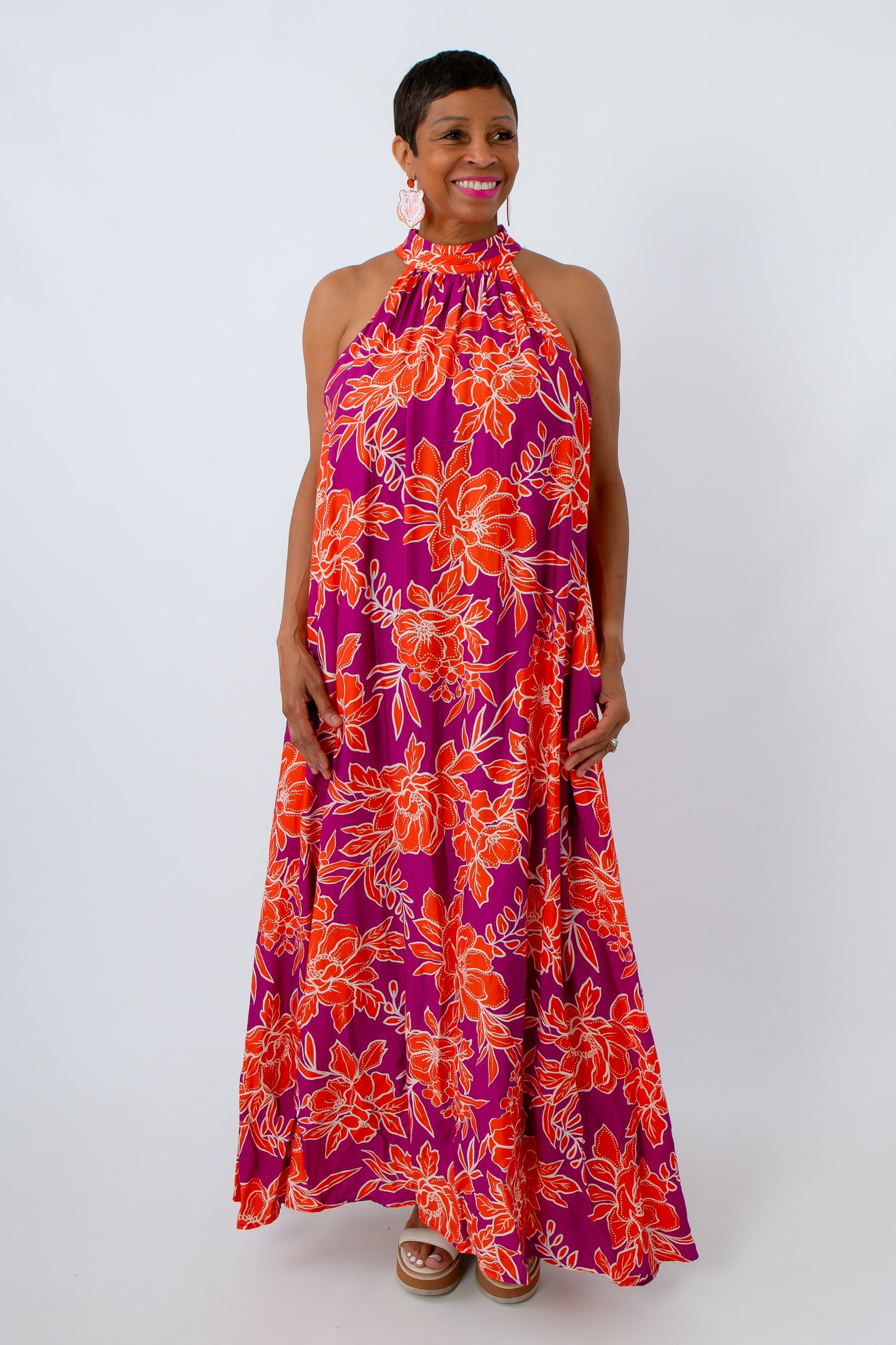 Orange and Purple Floral Maxi Dress, wedding guest dress, summer vacation dress