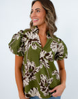 Fall workwear green puff sleeve blouse, fall blouses,  green top with puff sleeves, green top with collar
