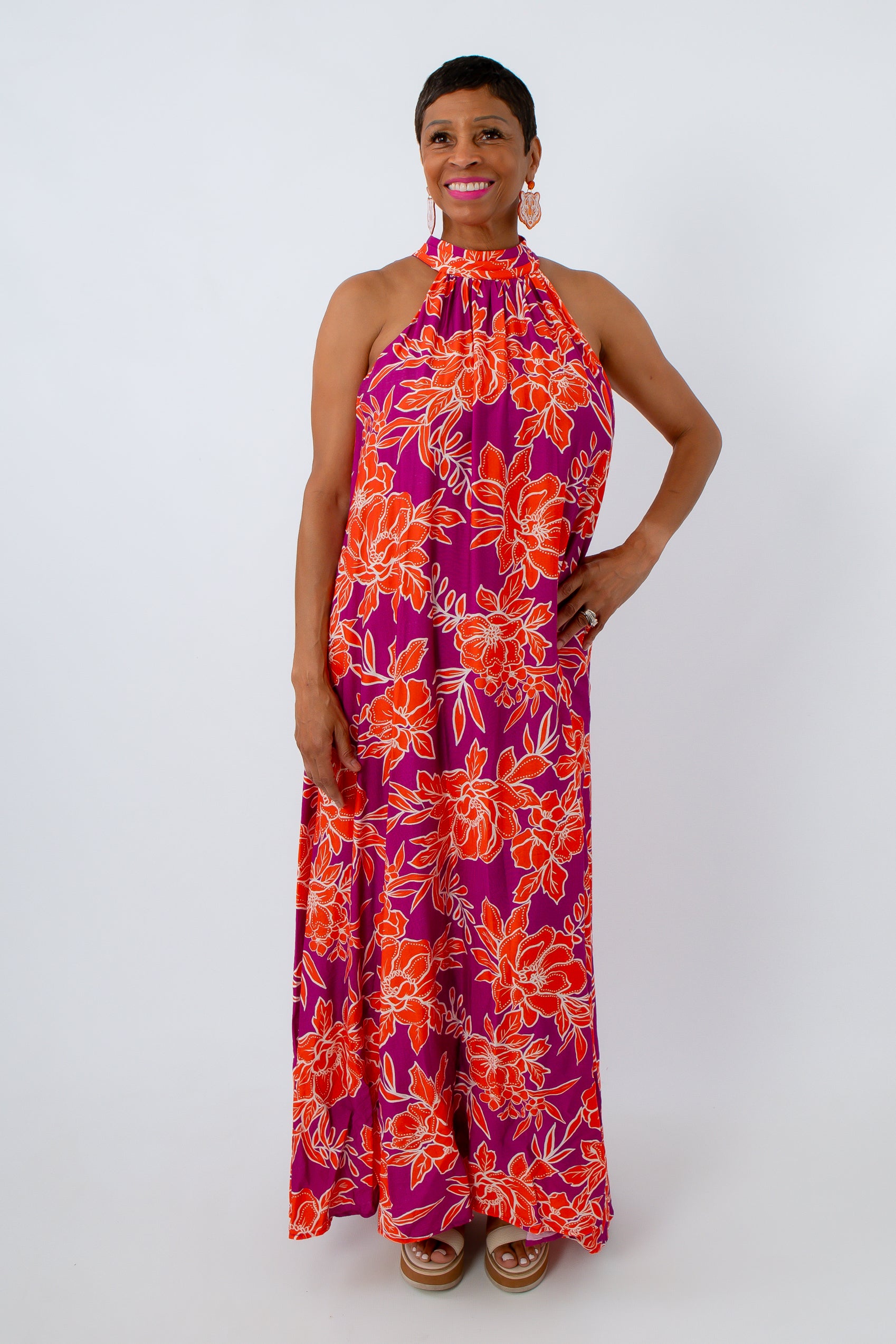 Halter neck maxi dress with pockets, floral maxi dress, halter neck wedding guest dress