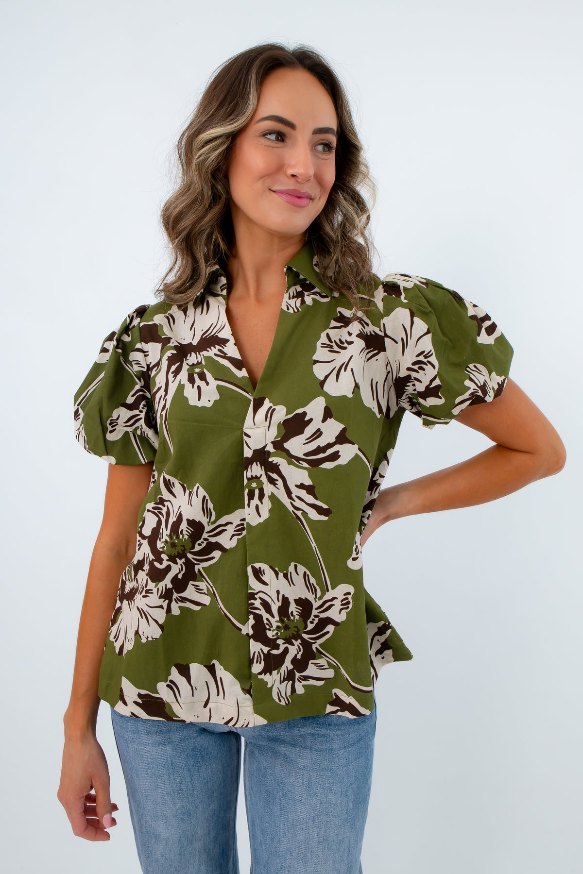 Eliana Green Floral Puff Sleeve Top