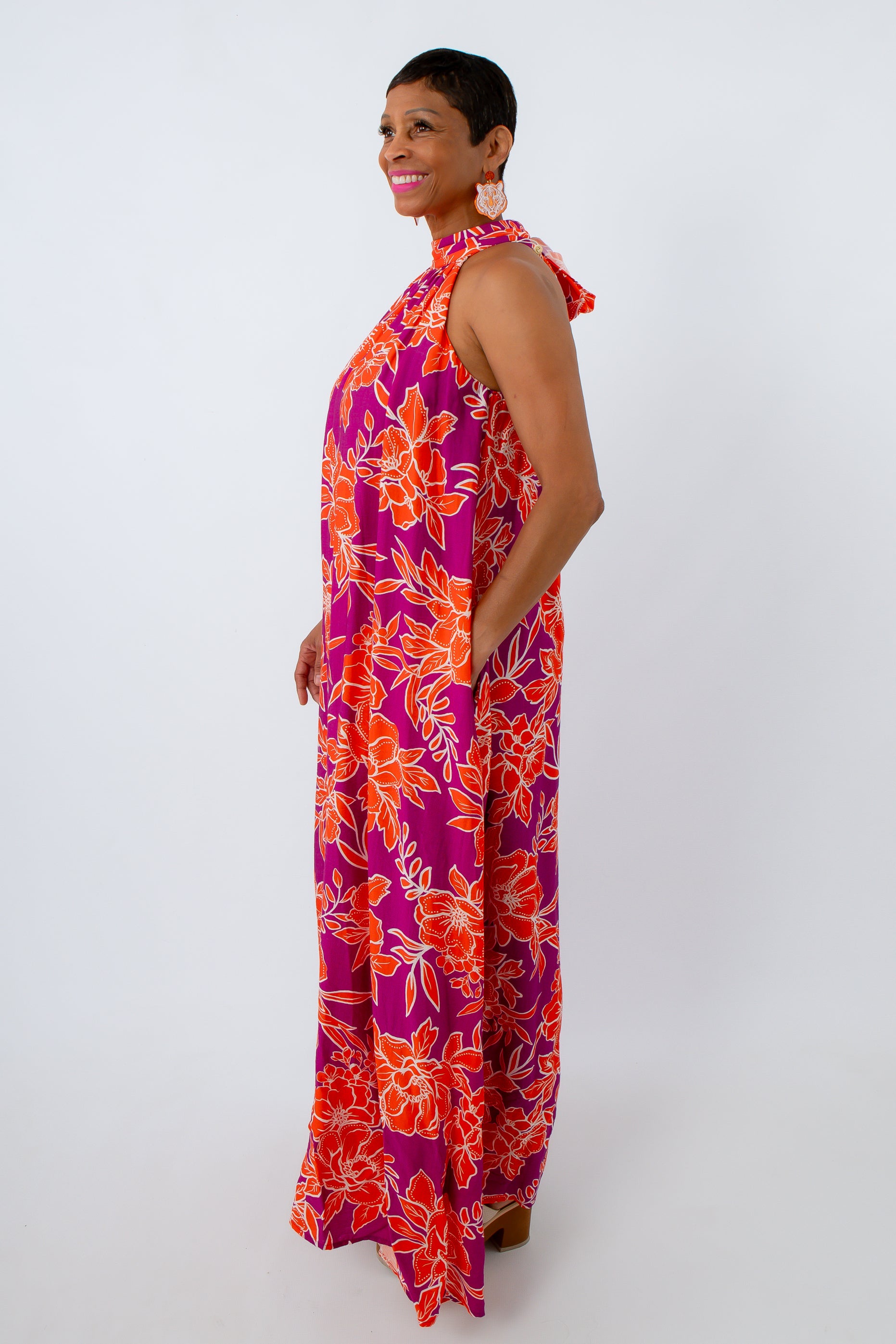 Fully lined summer floral maxi dress, purple floral maxi dress, orange floral maxi dress