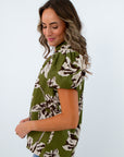 Collar neckline floral blouse for office, green blouse with floral pattern, green floral blouse, green blouse with puff sleeves