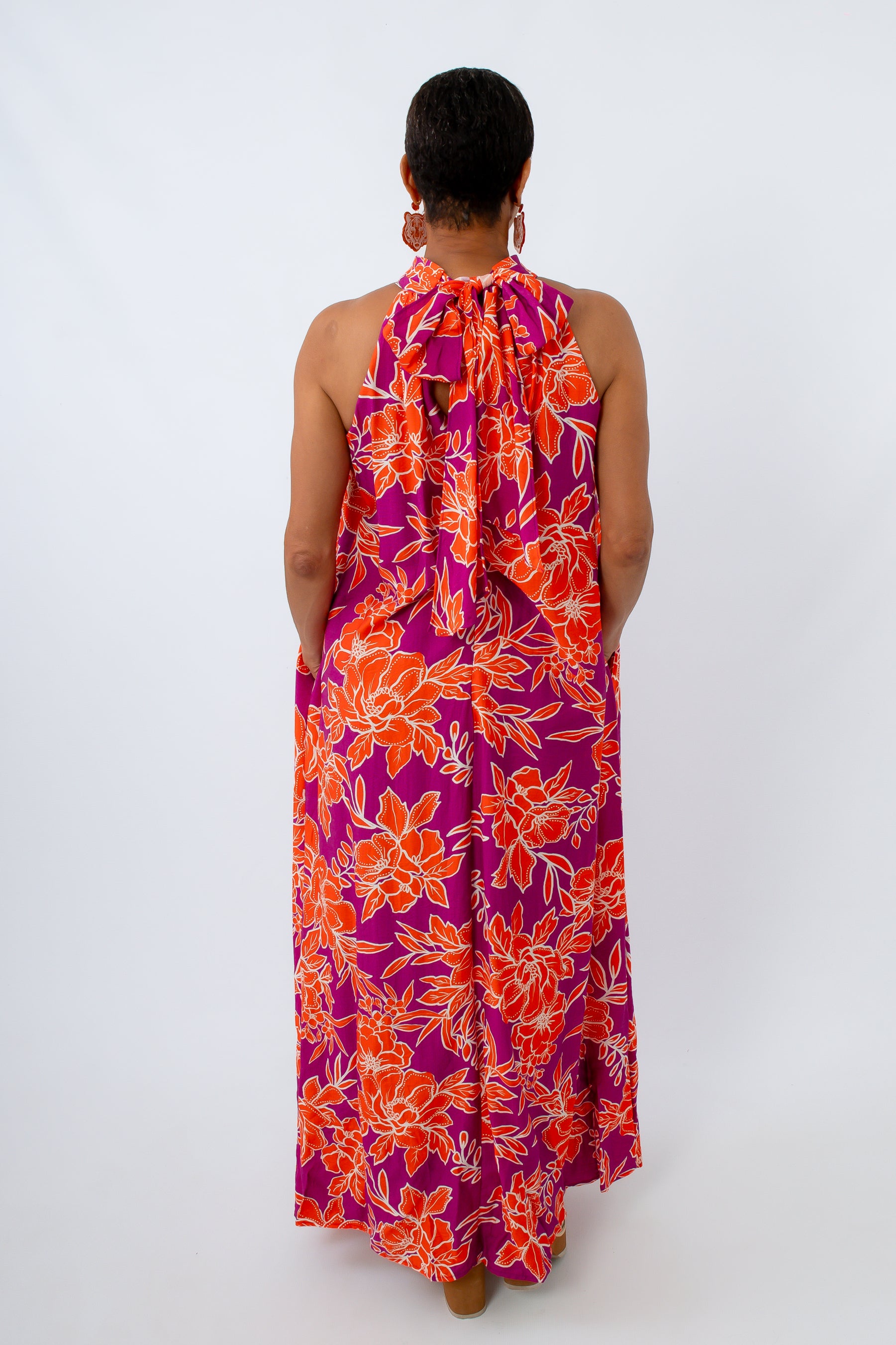 Orange and purple floral dress for wedding guest, halter neck dress for wedding guest, orange and purple floral dress for clemson game day