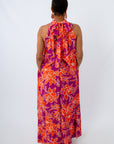 Orange and purple floral dress for wedding guest, halter neck dress for wedding guest, orange and purple floral dress for clemson game day
