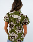 Fall workwear blouse, fall blouse, green blouse for work, green blouse with collar neckline, short sleeve green floral top