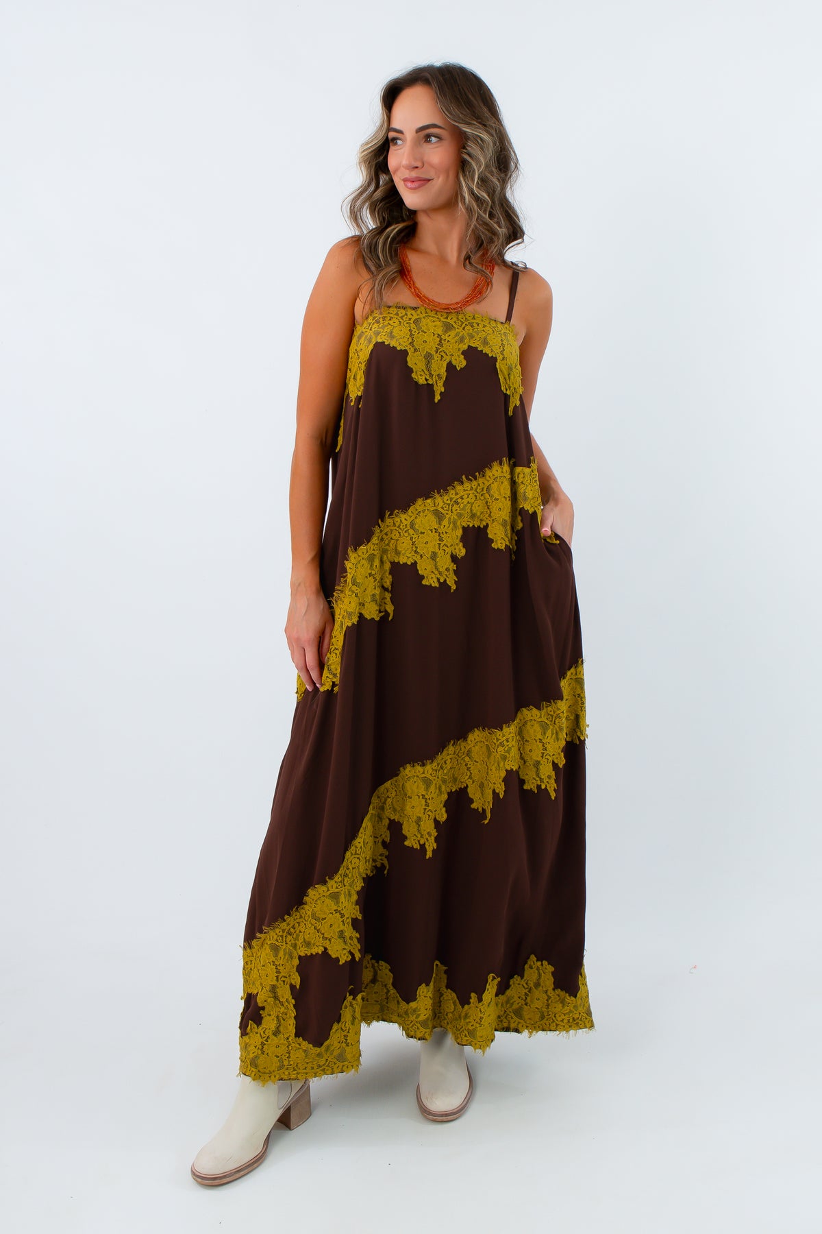 Caroline Chartreuse & Chocolate Lace Maxi Dress