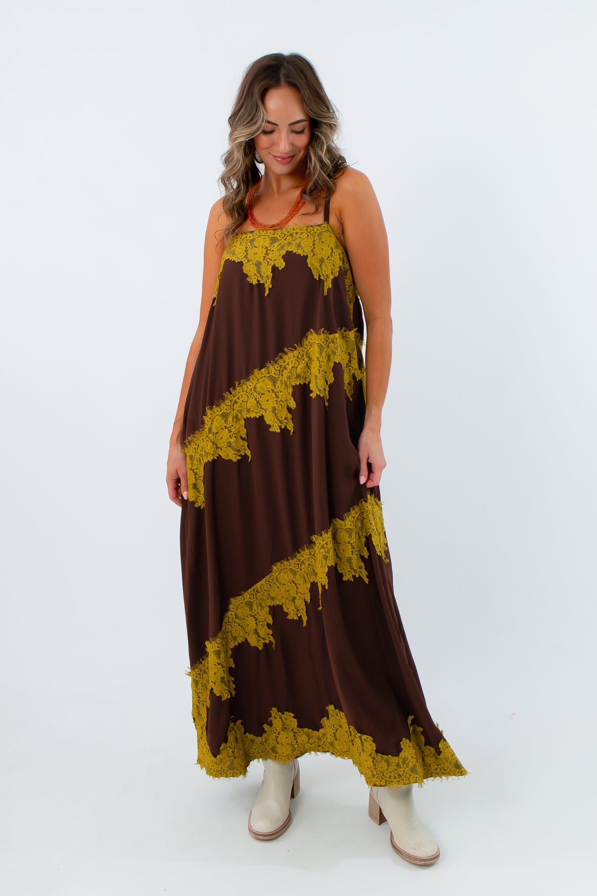 Brown long dress for fall with lace detailing, fall wedding guest dress, brown dress with chartreuse details