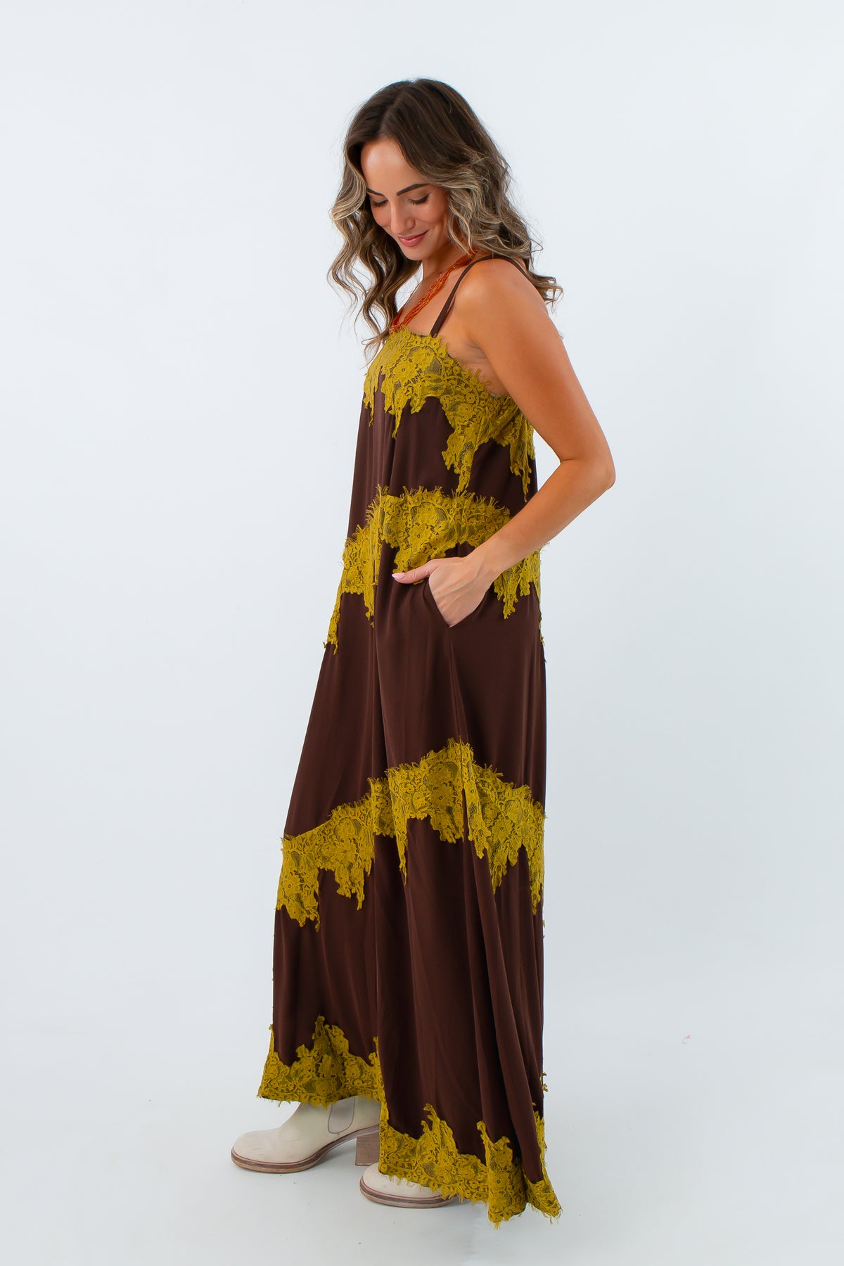 Adjustable strap maxi dress with side pockets, brown and chartreuse dress, fall maxi dress, long dress for fall