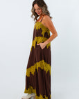 Adjustable strap maxi dress with side pockets, brown and chartreuse dress, fall maxi dress, long dress for fall