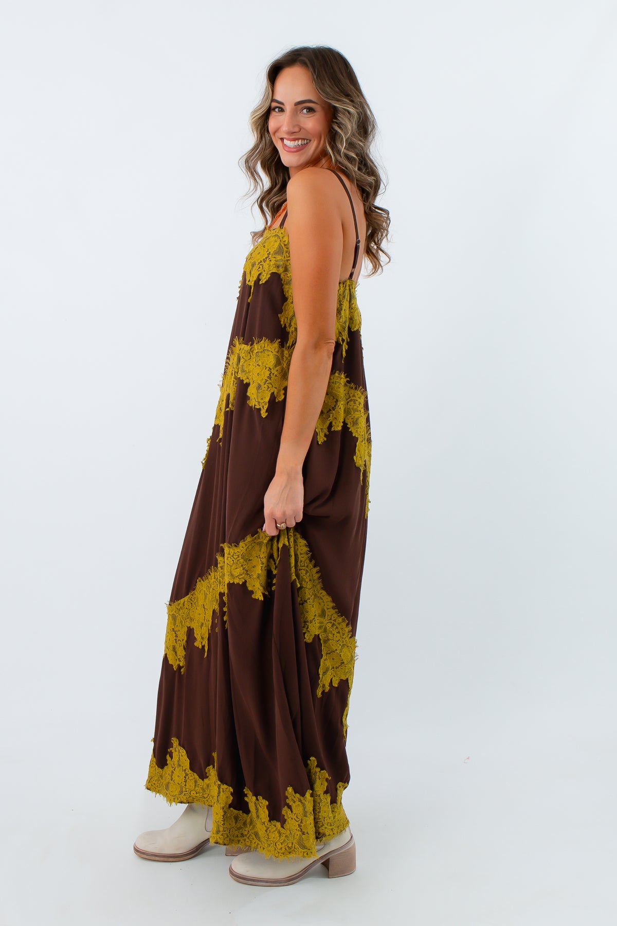 Thanksgiving outfit inspo fall maxi dress, dress for thanksgiving, brown dress with chartreuse lace all over