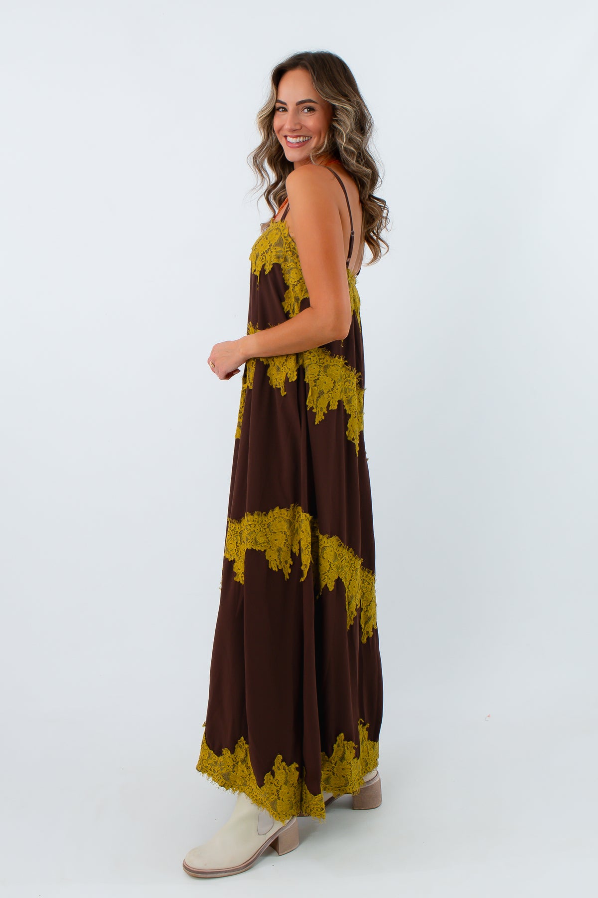 Chocolate brown maxi dress, long brown dress, long chartreuse dress
