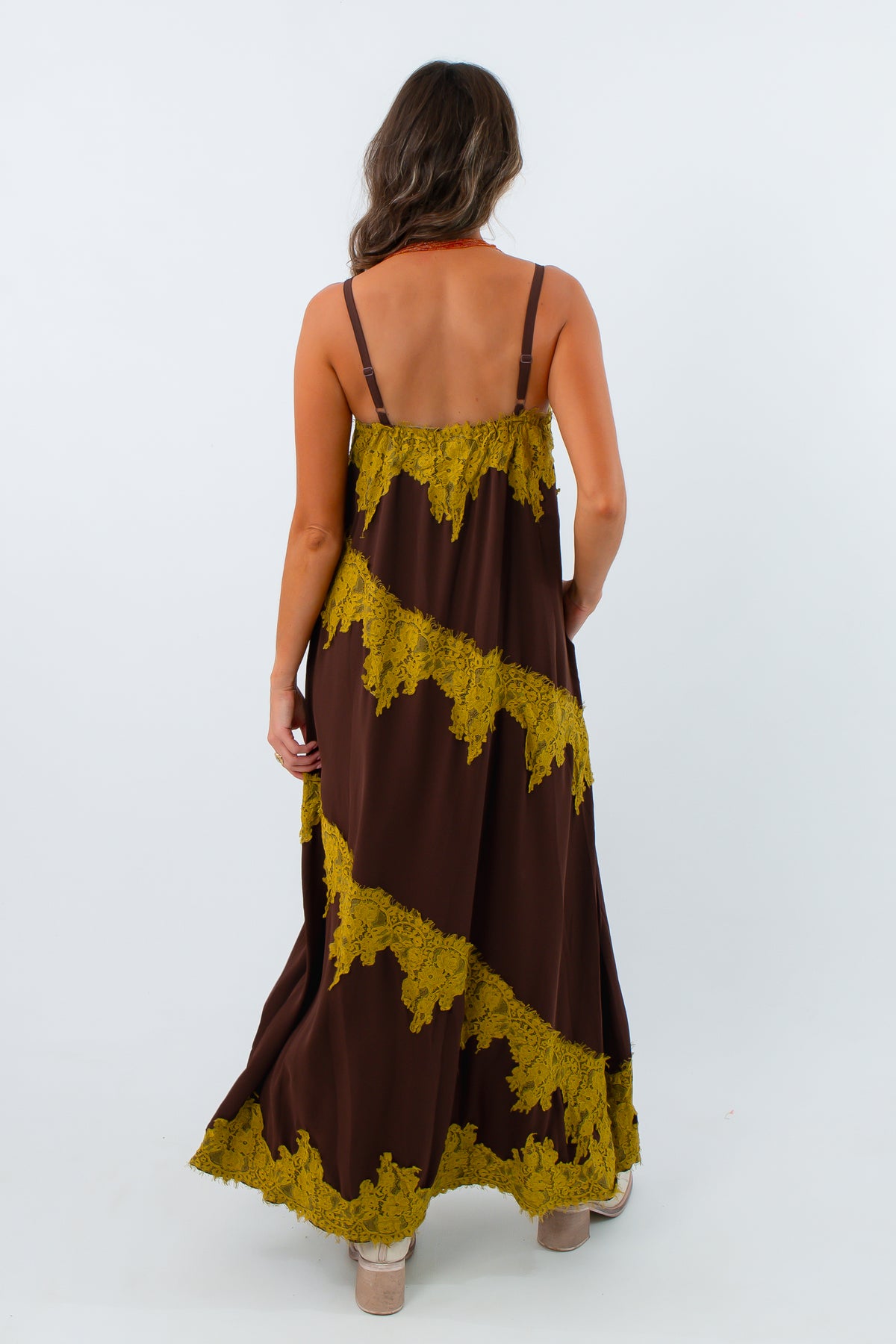 Lightweight lace maxi dress, brown dress with lace detailing, brown wedding guest dress, sleeveless fall wedding guest drss 