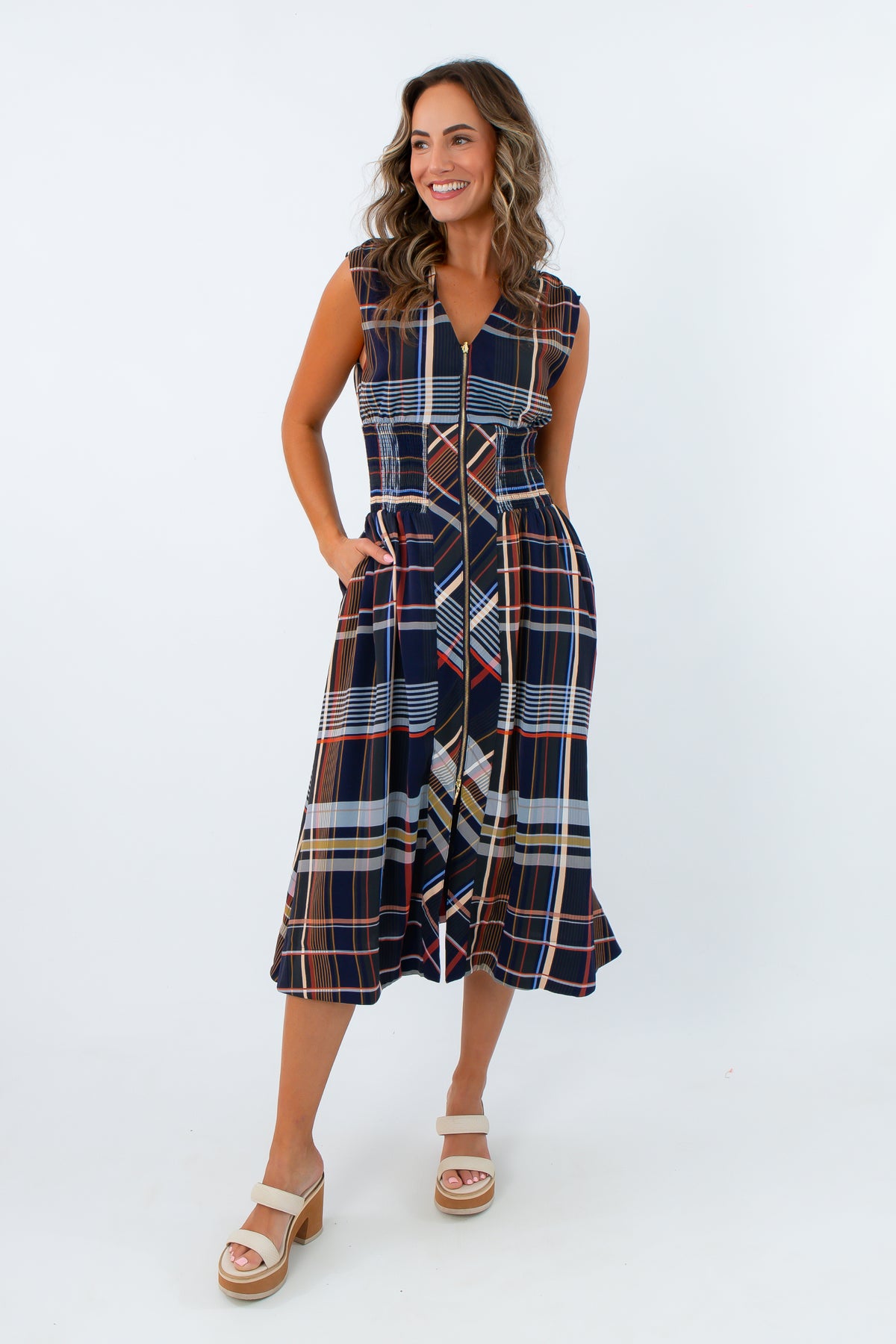 THML Navy Tartan Plaid Zip Front Midi Dress