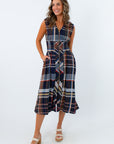 THML Navy Tartan Plaid Zip Front Midi Dress