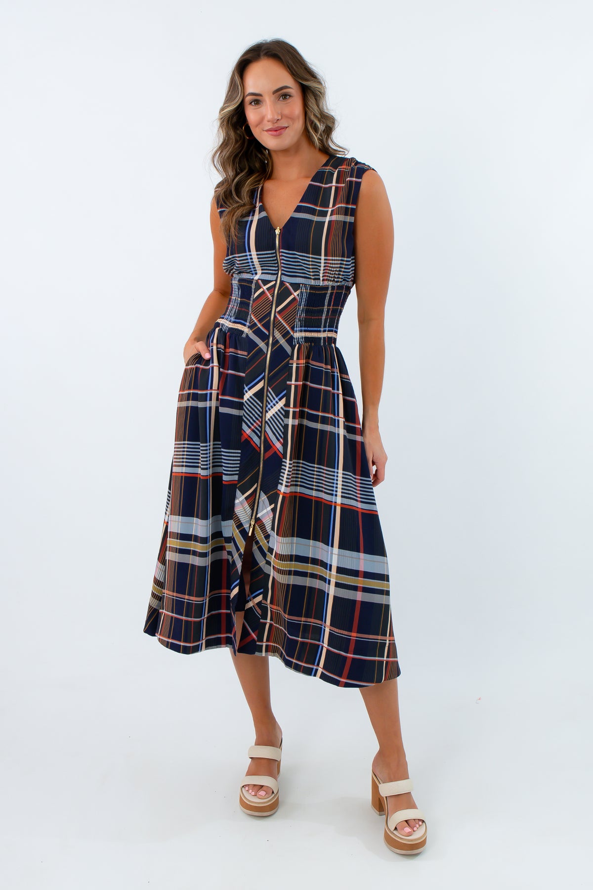 Sleeveless navy plaid midi dress with zipper front, Thanksgiving dress, Thanksgiving outfit inspo