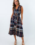 Sleeveless navy plaid midi dress with zipper front, Thanksgiving dress, Thanksgiving outfit inspo