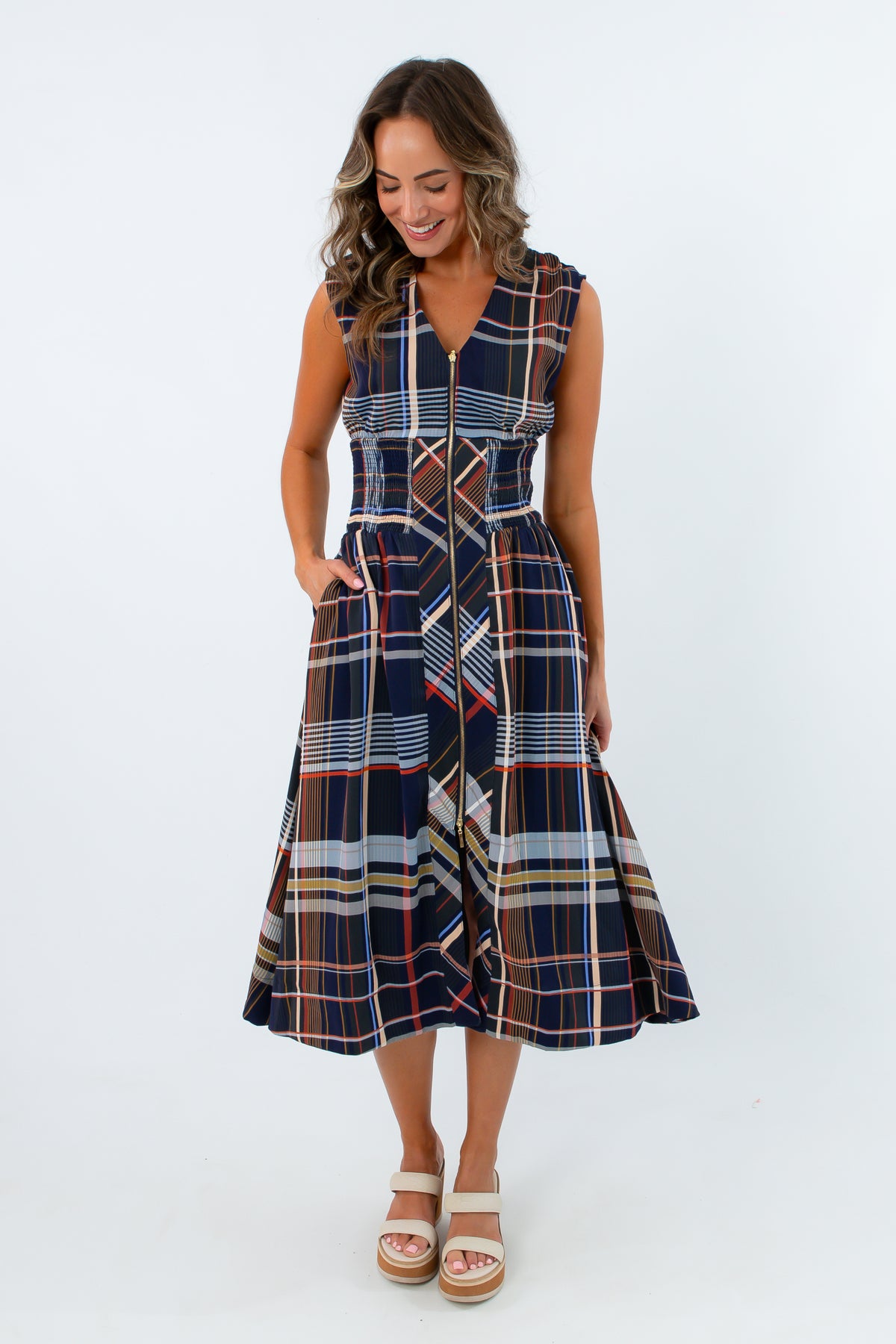 Thanksgiving outfit inspo navy plaid midi dress, navy plaid dress, long plaid dress, THML navy plaid dress