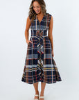 Thanksgiving outfit inspo navy plaid midi dress, navy plaid dress, long plaid dress, THML navy plaid dress